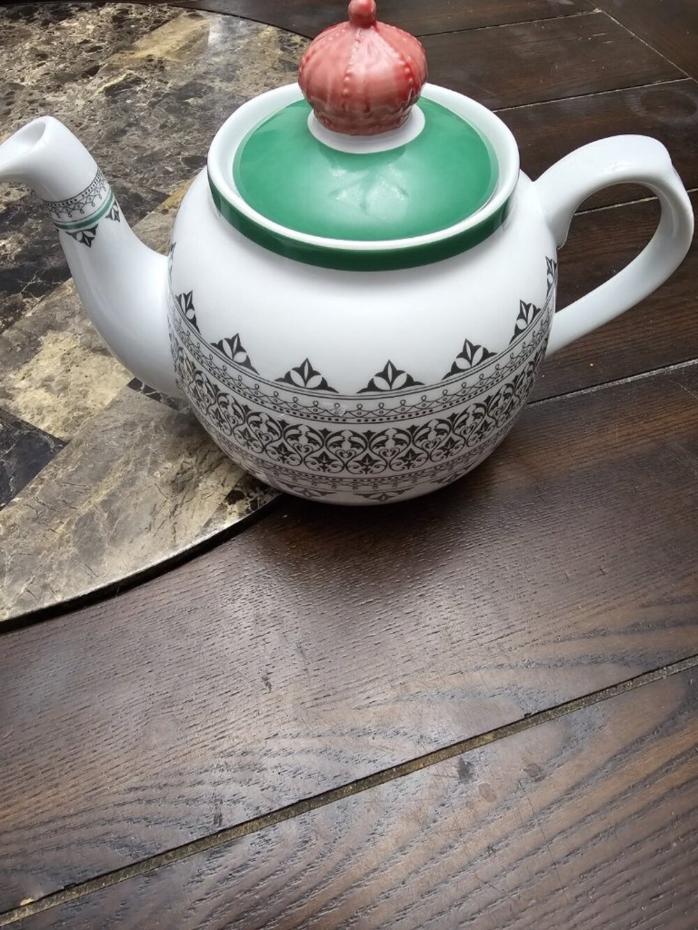 Arlington Designs Ceramic Teapot White Gray Design Green Red Top